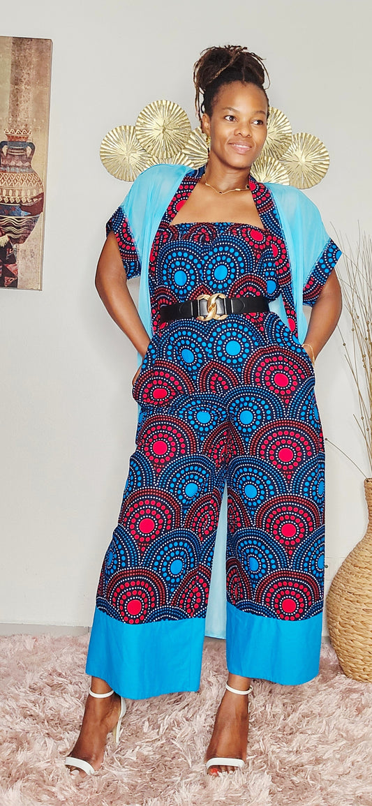 Ensemble combi pantalon et kimono bleu
