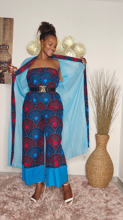 Ensemble combi pantalon et kimono bleu